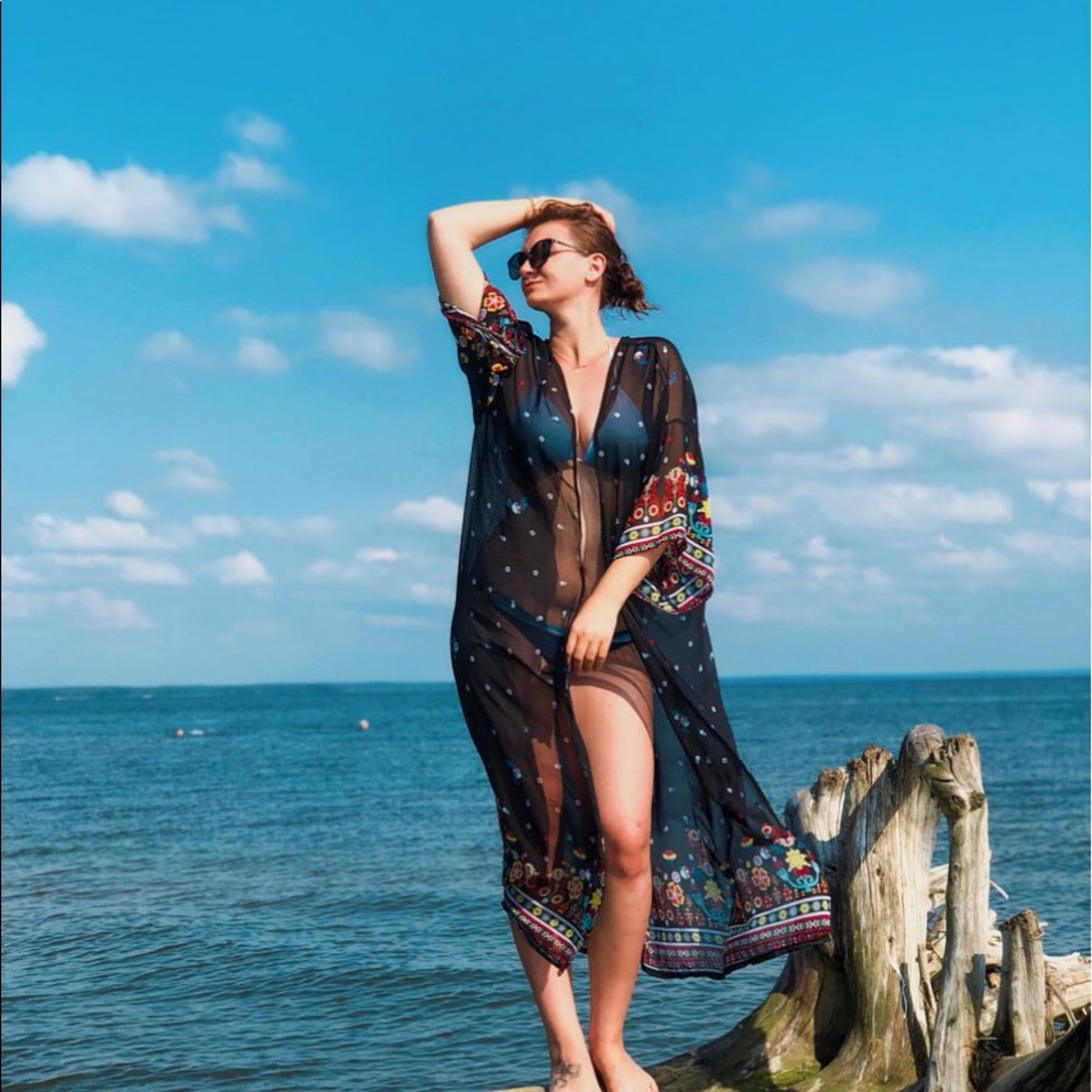 Boho Chic Black Floral Kimono Beach Coverup - Picture 9 of 16